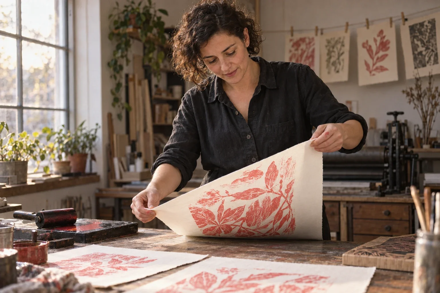 A printmaker lifts a coral botanical print from her worktable in a sunlit studio.